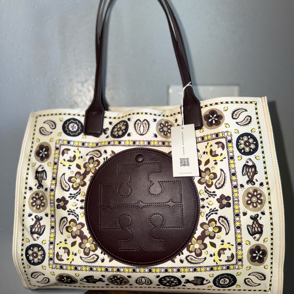 Tory Burch Cream Floral Paisley Tote with Brown Leather Logo